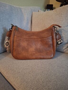 Aphison Brown Faux Leather Crossbody Bag Woven Boho Strap